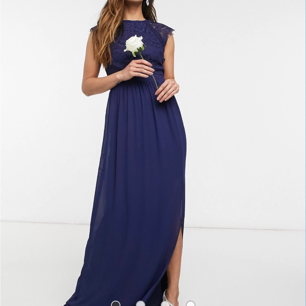 ASOS TFNC bridesmaid lace open back maxi dress in navy